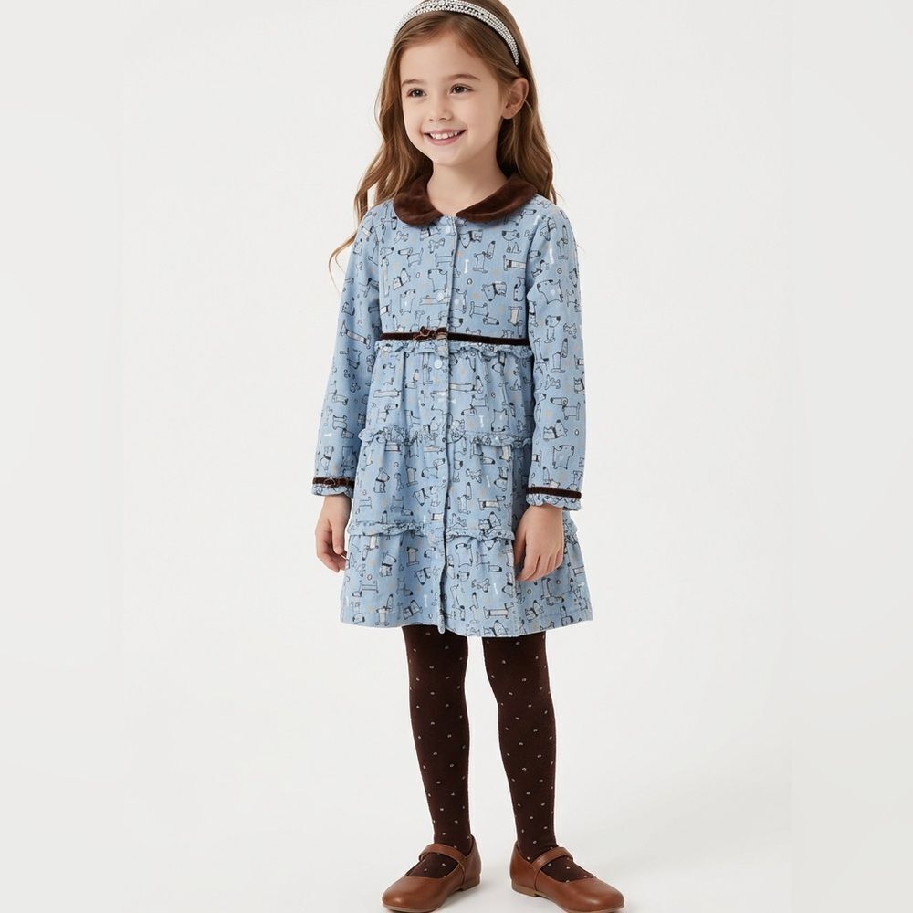 Le Top Blue corduroy with brown collar and dog print dress and tight set size 3T